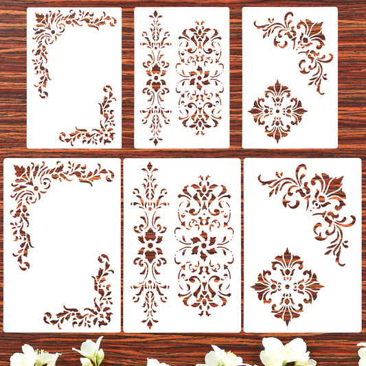 Cobee 6 Pcs 2 Size Craft Stencils, 3 Styles Reusable Stencils for Painting Vintage Floral Drawing Texture Templates for Wall Furniture Scrapbook DIY Art