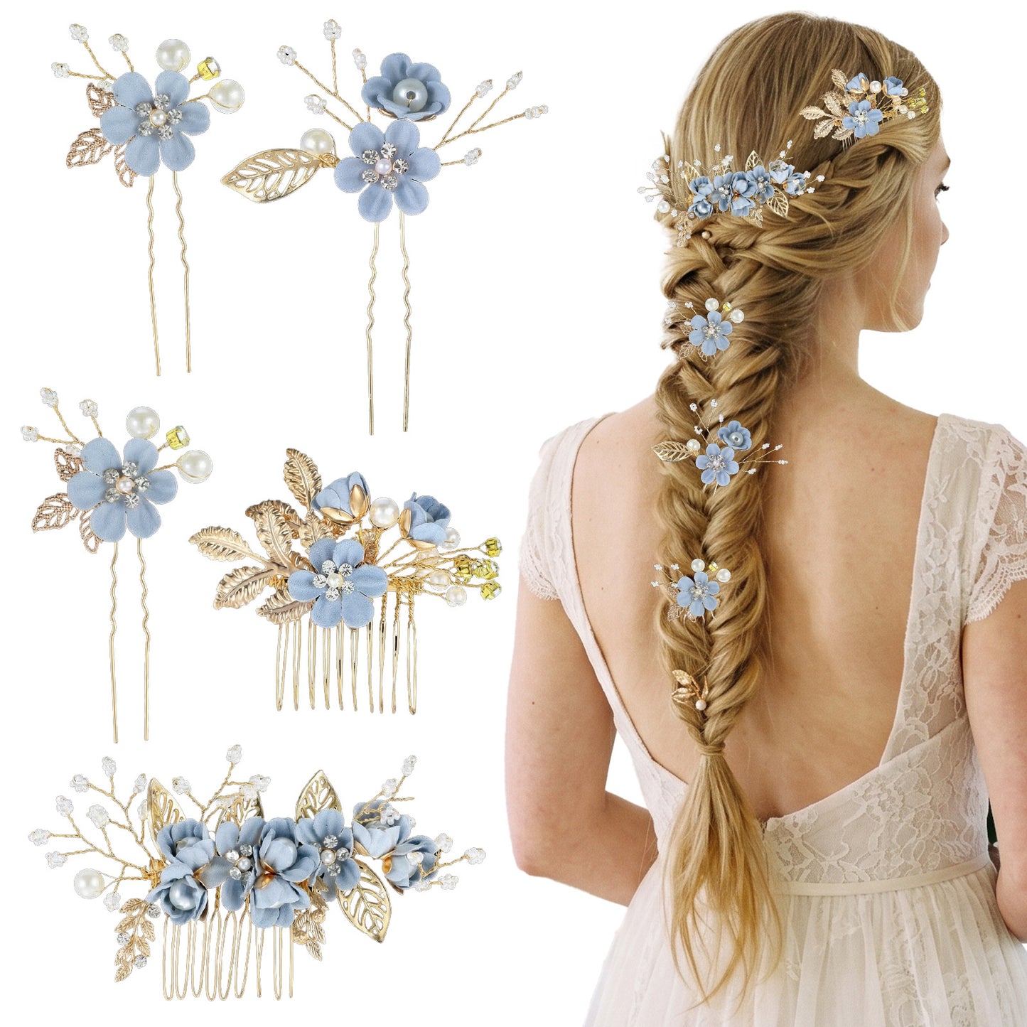 BOHUIZ 5 PCS Bridal Hair Pins Set, Wedding Headpiece with Blue Flower Rhinestone Pearl Hair Clips for Bride Bridesmaids