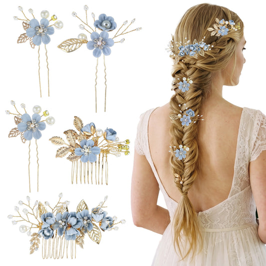 BOHUIZ 5 PCS Bridal Hair Pins Set, Wedding Headpiece with Blue Flower Rhinestone Pearl Hair Clips for Bride Bridesmaids