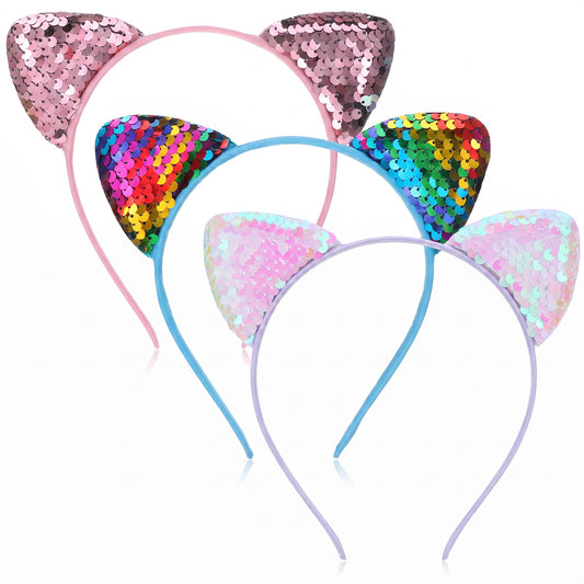JIEYAO 3Pcs Sequin Cat Ear Headbands, Cute Glitter Cat Hairbands Shiny Kitty Headband Hair Band Cosplay for Women Girls Daily Wear and Party Decoration