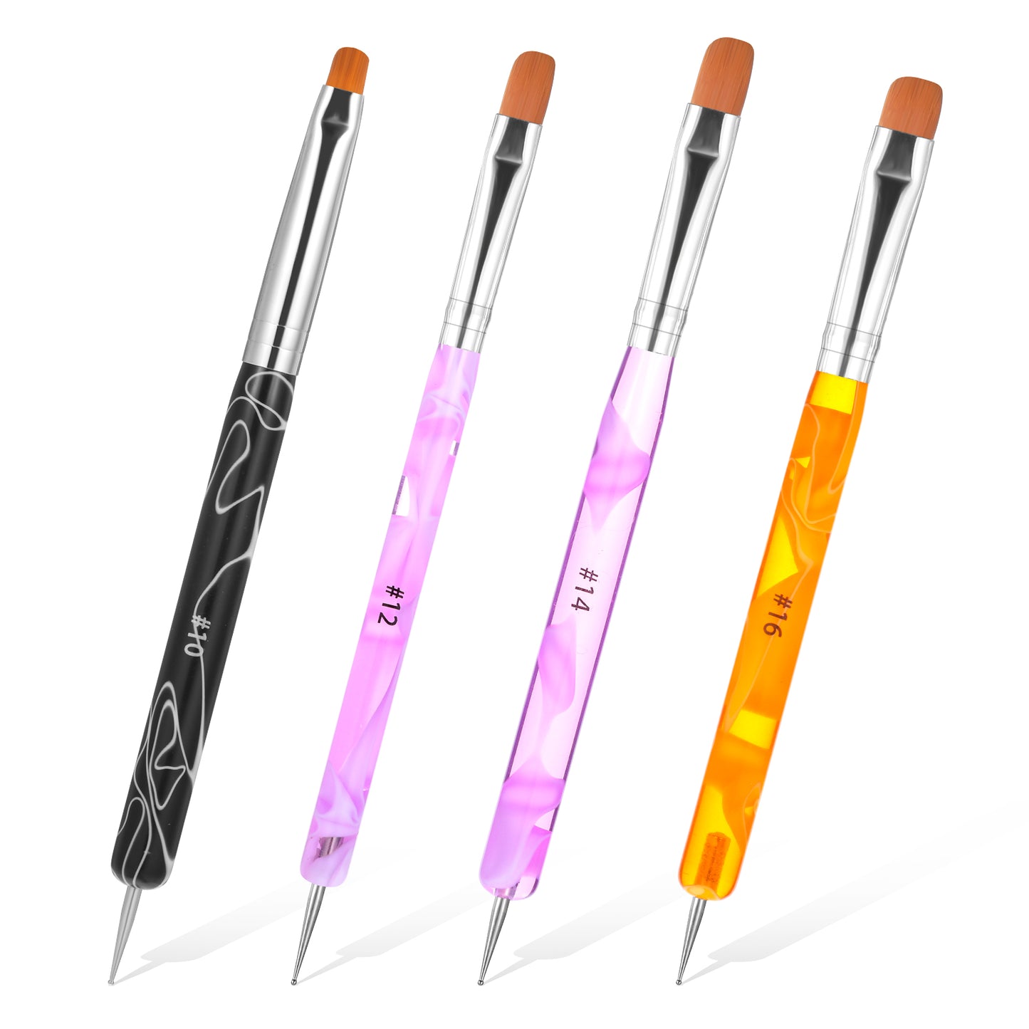 Yuanchu 4 Pack Nail Art Brushes, Dual-Ended Acrylic Nail Art Brush Professional Manicure Tool for Detailed Designs French Tip Brush Nail Design Dotting Tools, Size #10#12#14#16