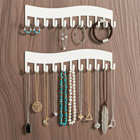 Molain 2 Pack Adhesive Wall Mounted Necklace Holder, No Drill Jewellery Organizer with 12 Hooks Wall Mounted Jewelry Hanging Storage Necklaces Display Hanger for Necklaces Bracelets Earrings Closet