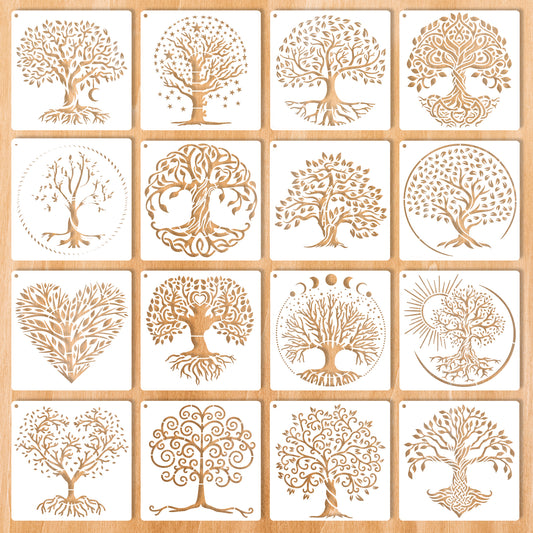 cobee 16 Pcs Tree of Life Stencil, 6 Inch Wood Burning Stencils for Painting on Wood, Reusable Tree Drawing Template for Wall Floor DIY Art Crafts Decorations(13 cm)