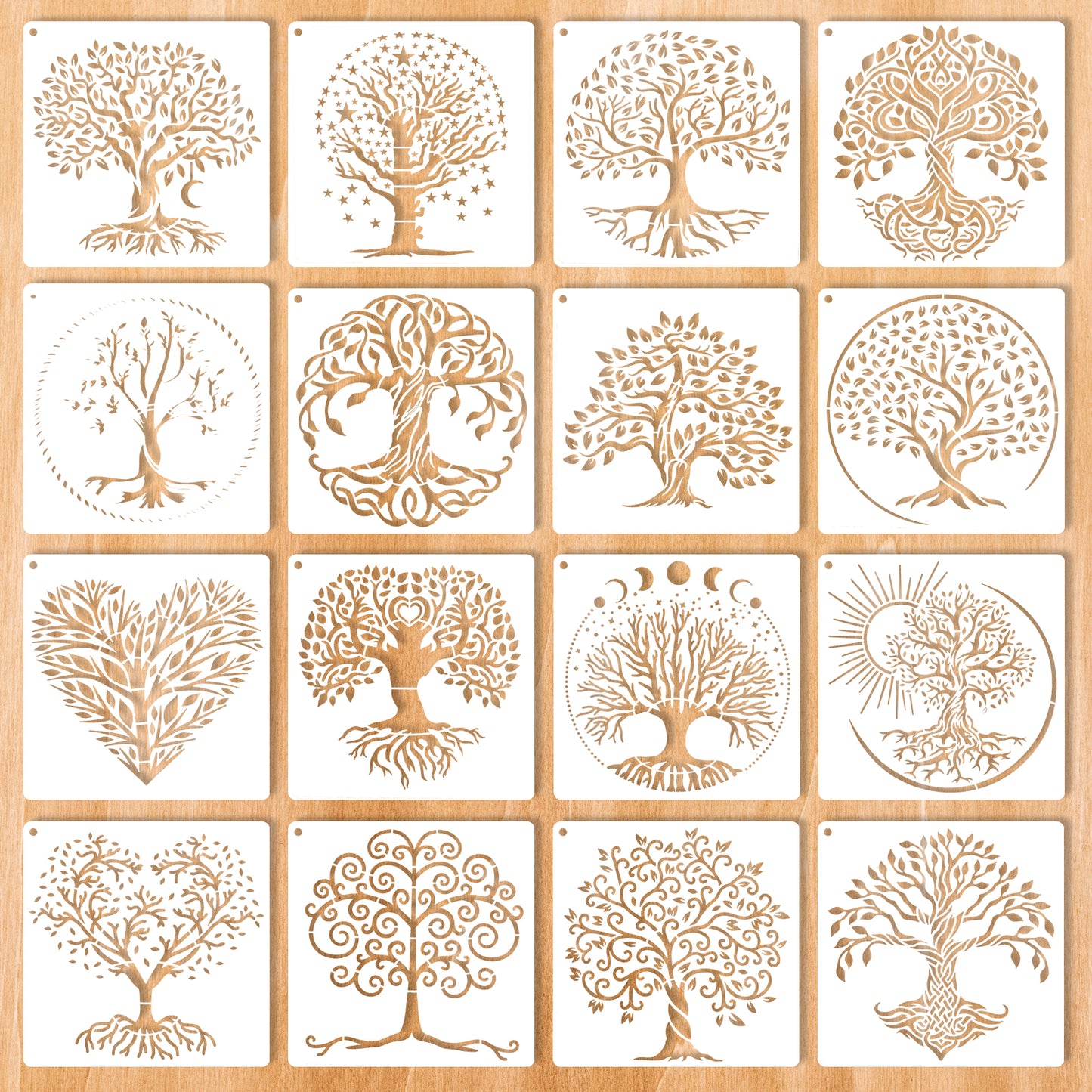 cobee 16 Pcs Tree of Life Stencil, 6 Inch Wood Burning Stencils for Painting on Wood, Reusable Tree Drawing Template for Wall Floor DIY Art Crafts Decorations(15 cm)
