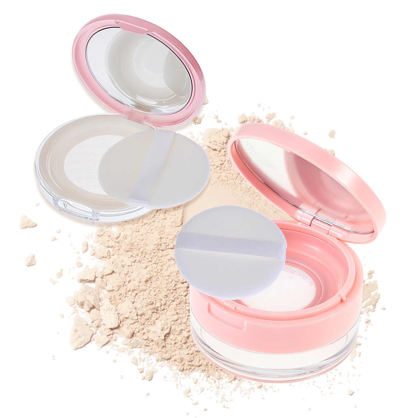 TIESOME 2Pcs Loose Powder Container, Reusable Plastic Empty Powder Case Portable with Puff Loose Face Powder Compact Case with Mirror Makeup Powder Holder