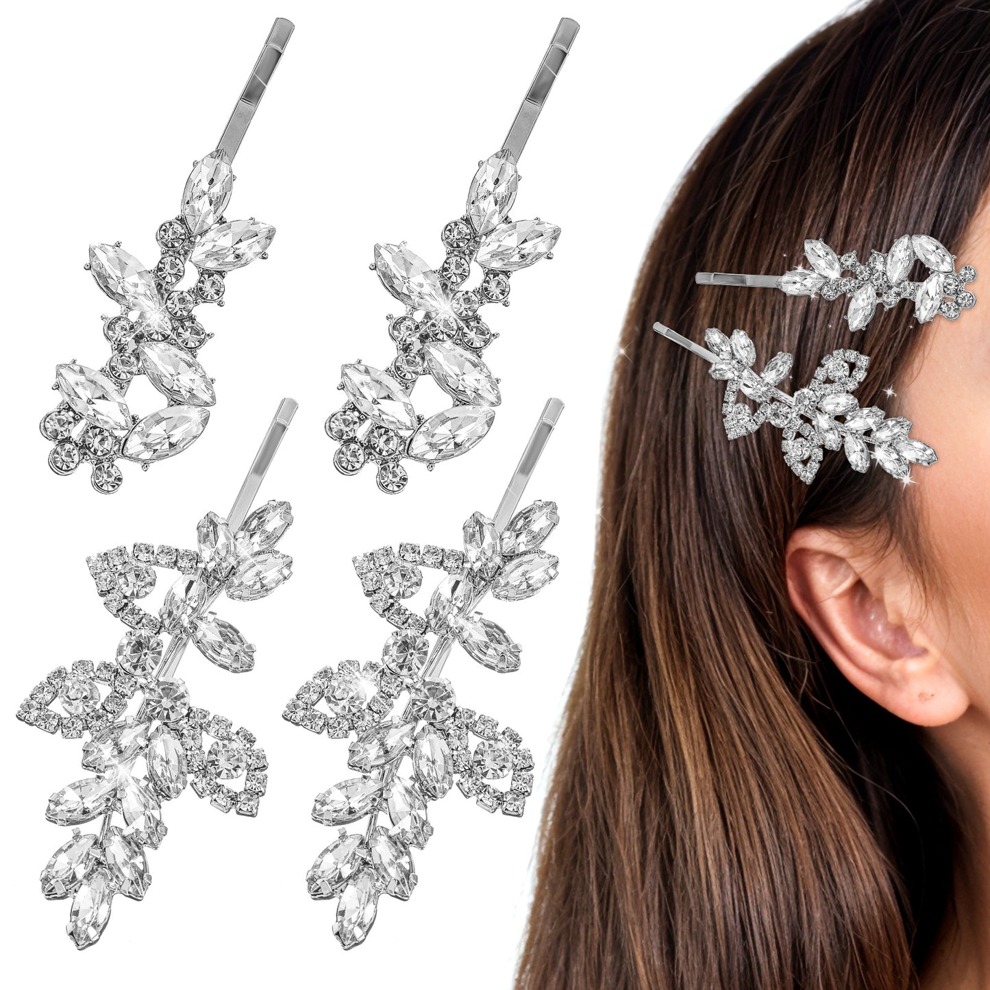 Yuanchu 4Pcs Rhinestones Hair Clips, Silver Bridal Crystal Hair Pins 2 Sizes Leaf Shape Hairpins Alloy Rhinestone Barrettes for Women Wedding Parties