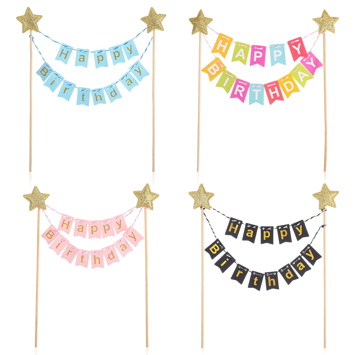 SULIKJHUI 4 Pcs Mini Rainbow Cake Topper, Happy Birthday Cake Banner Flags