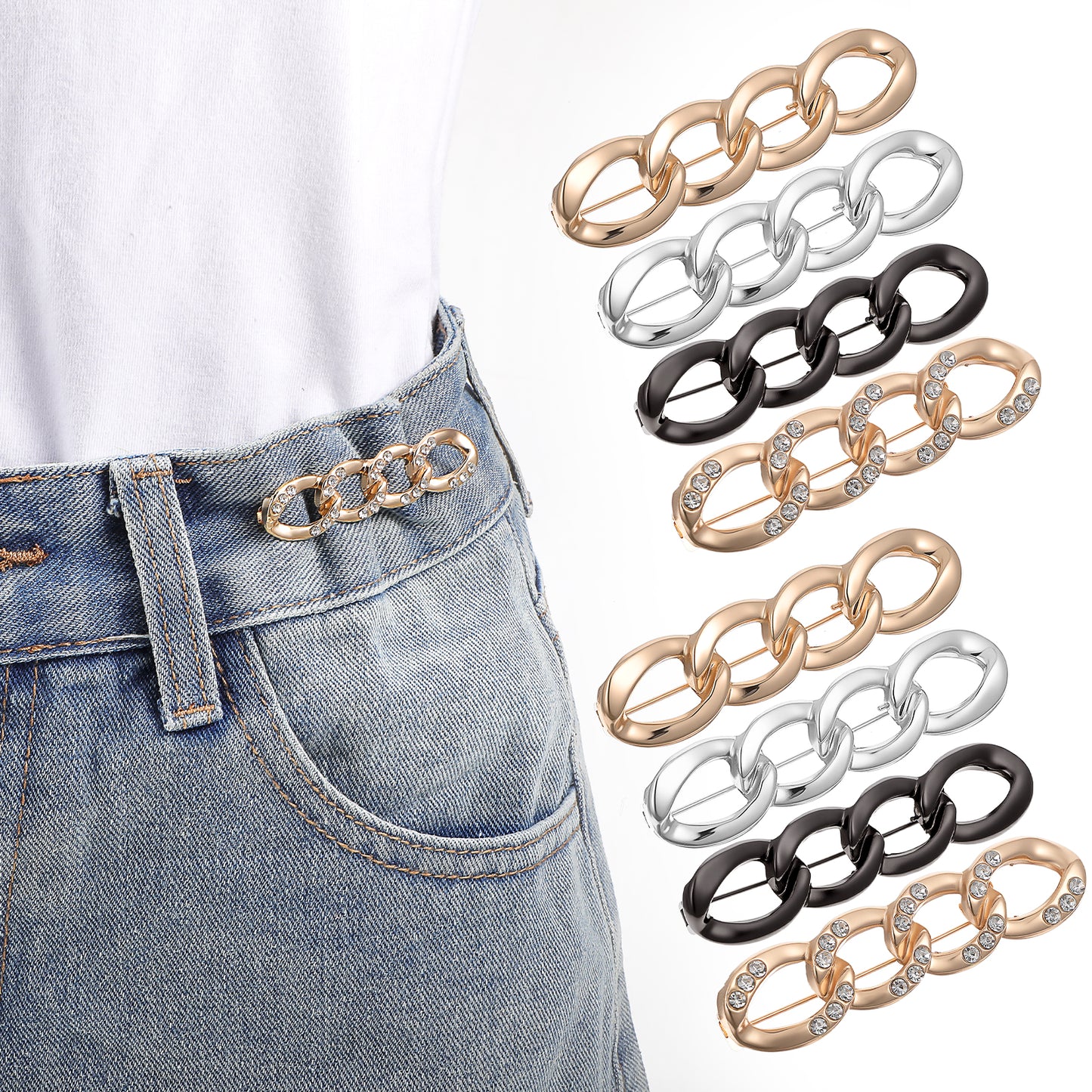 MBAIYO 8Pcs Pant Waist Tightener Clip, Adjustable Jeans Button No Sew Detachable Button Pins No Sew Instant Decorative Waist Buckle for Waist Women Loose Jeans Pants Skirts Sleeves