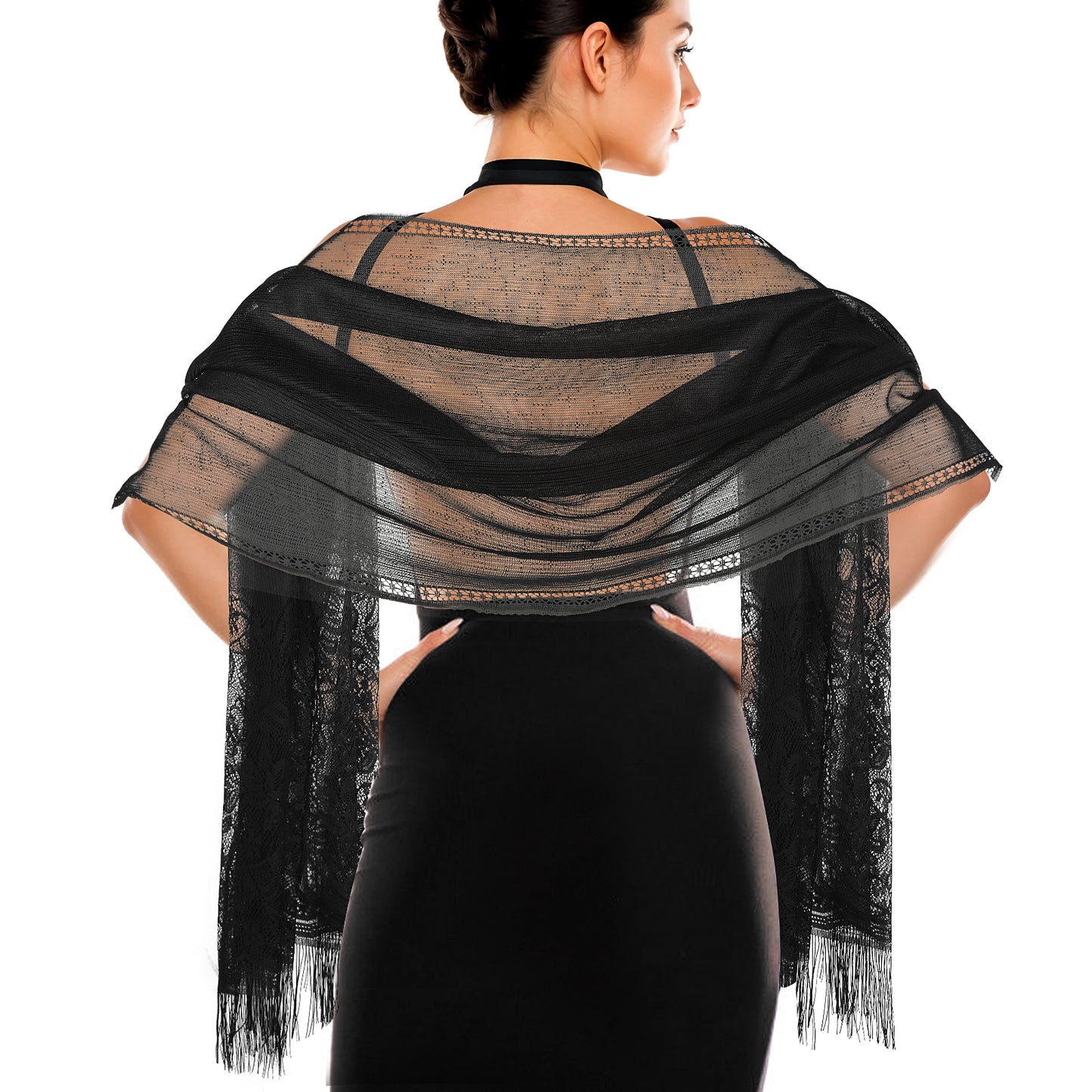 Jeffdad Women's Lace Scarf Shawl wif Tassels for Women's Evening Dress Evening Party Mesh Wedding Shawls (Black)