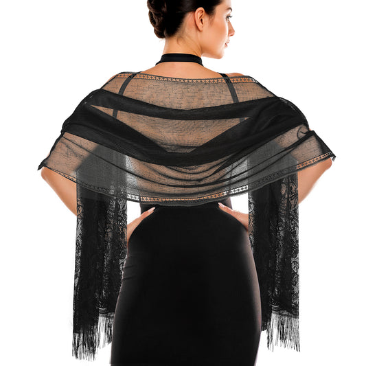 Jeffdad Women's Lace Scarf Shawl wif Tassels for Women's Evening Dress Evening Party Mesh Wedding Shawls (Black)