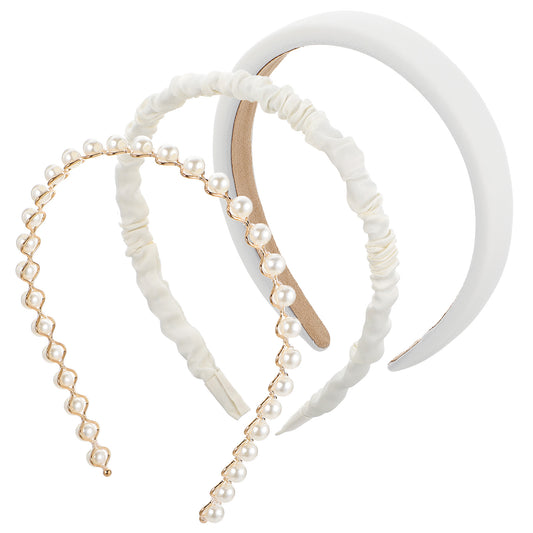 AOZUO 3PCS Headbands for Women Girls, Padded Non-Slip Headbands White Pearl Hairbands Fashion Wide Hair Band Vintage Head Bands for Women Girls Hair Accessories