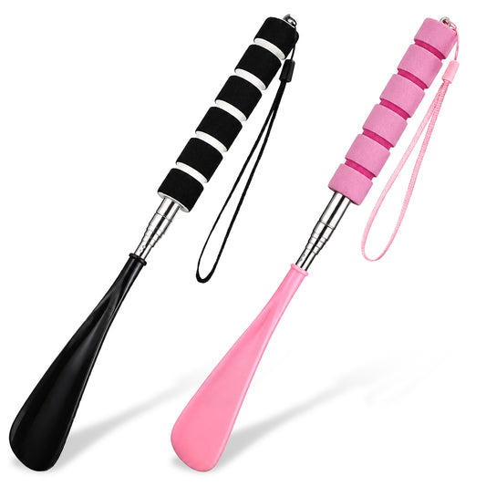 HJZHII 2Pcs Shoe Horn Long Handle Stainless Steel, Retractable Adjustable Shoe Horn Foldable Shoes Puller Shoehorn for Seniors Pregnant Extended Boot Horns Travel Shoes Helper(Black/Pink)