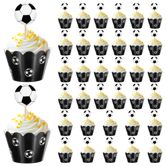 JIYIN 36Pcs Soccer Ball Cupcake Toppers, Sports Theme Football Cupcake Picks, Double Sided Printing Football Cake Topper for Soccer Theme Baby Shower Birthday Party Cake Decorations Supplies