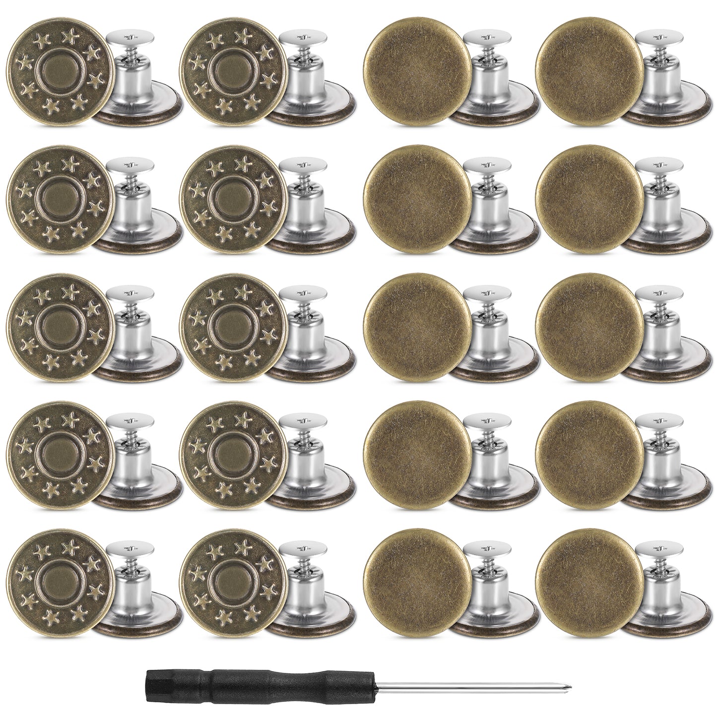 Yuanchu 20 Sets Jean Buttons for Loose Jeans, 0.64 Inches Reusable Jean Button Pins Pant Waist Tightener to Make Smaller No Sew Pants Button Replacement with A Screwdriver Instant Replacement(Bronze)