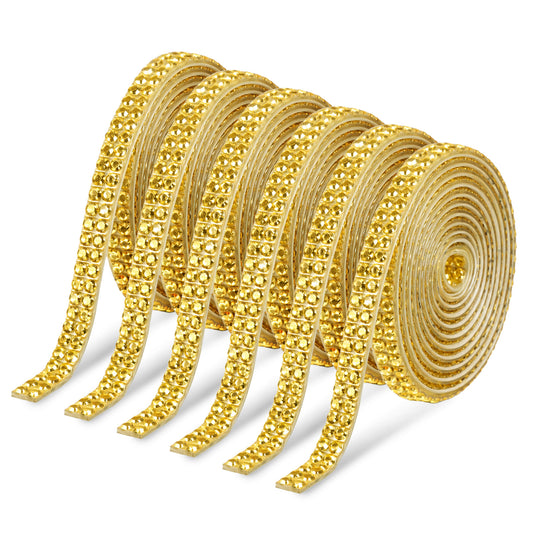 HJZHII 6 Yard Self Adhesive Rhinestone Ribbon, 2 Row Gold Rhinestone Strips Bling Rhinestones Ribbon Trim Diamond Crystal Strips Stickers for DIY Crafts Fabric Car Shoes Mobile Phone Home Décor