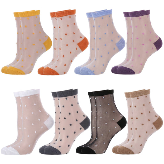 HJZHII 8 Pairs Women's Sheer Socks with Mesh Polka Dot, Sheer Polka Dot Socks Colorful Striped Dots Ultra-Thin Glass Sock Cute Casual Ankle Sock Summer Ultra Thin Lace Stocking for Women Girls