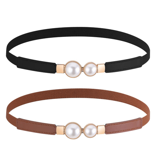 Molain 2 Pcs Elastic Stretch Belt for Women, Retro Pearl Buckle Thin Belt Cute Waist Belt for Jeans Dress Pants