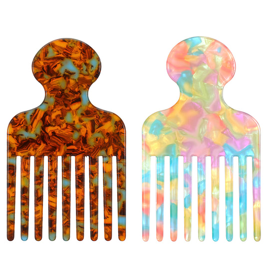 LXUEJIE 2Pcs Wide Tooth Hair Pick Comb for Curly Hair, 4.72 Inch Smooth Detangling Lifting Styling Tools for Women Men Thick Long Hairs Volumizing and Reducing Knots(Multicolor+Blue-Brown)