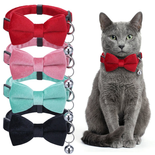 Amaxiu 6 Pack Cat Collars with Bow Tie and Bell, Velvet Cat Collars Cute Cat Bow Tie Collar Solid Color Removable Cats with Safety Buckle for Cats Kitten Puppy Pet Accessories