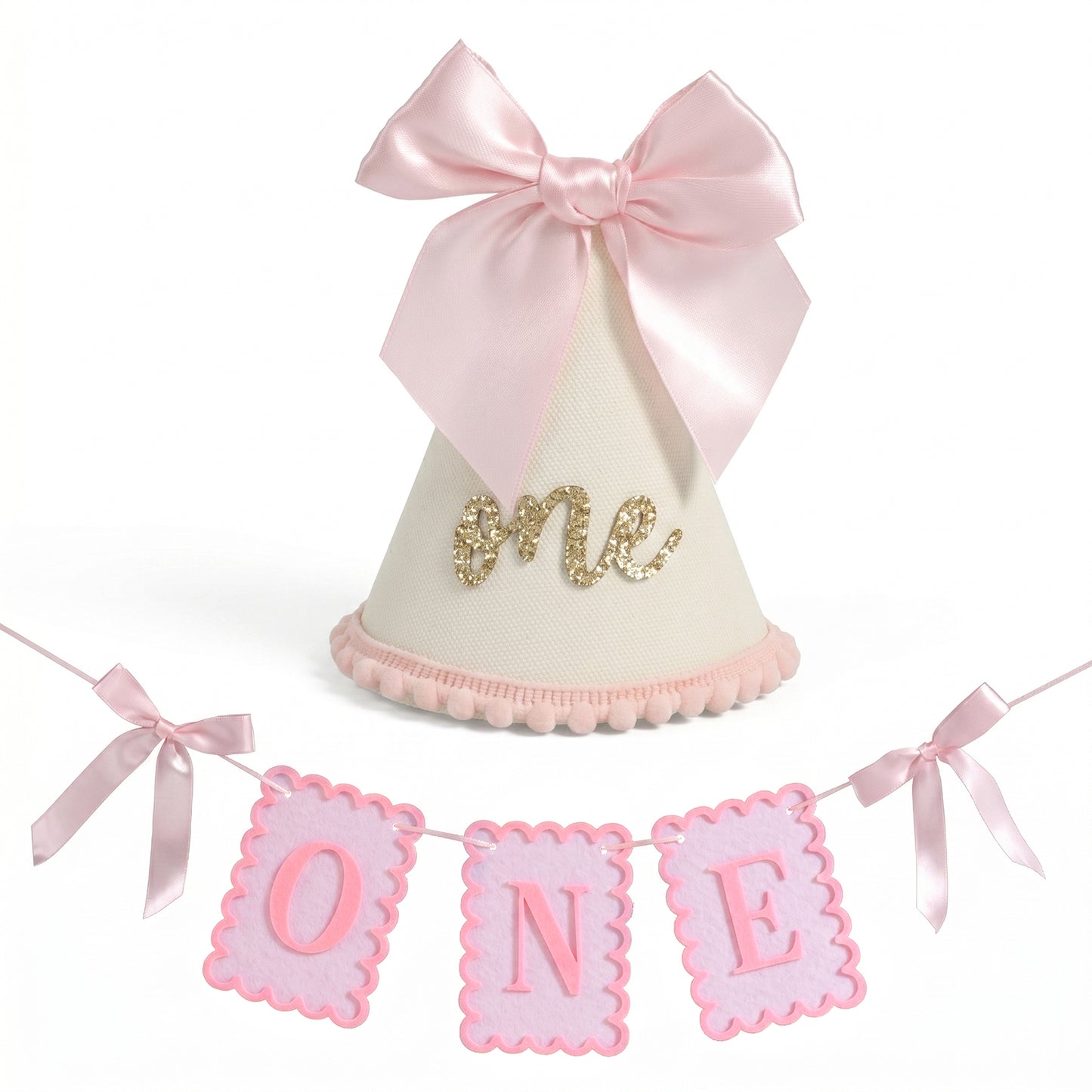 SULIKJHUI Pink & White One High Chair Banner, ONE Banner 80 inches, Pink Gingham Party Hat, 5 inches, Sweet Bow Design for Birthday Photo Props Party Decorations