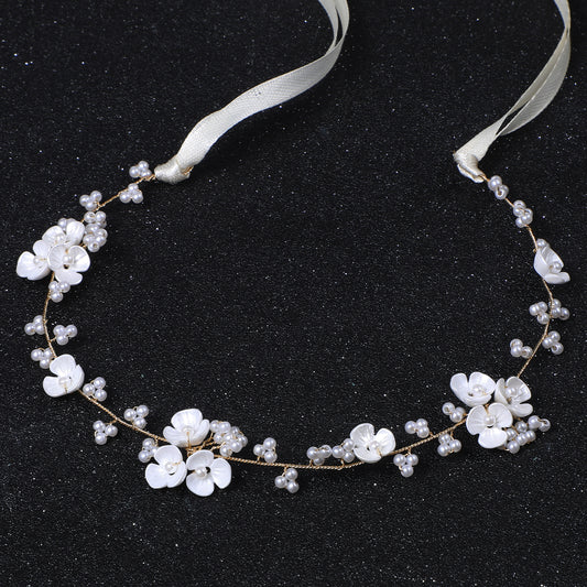 HJZHII Flower Girl Headpiece Headband, White Pearl Flower Headband Princess Girl Wedding Hair Accessory Hair Band for Girls Birthday Party First Communion