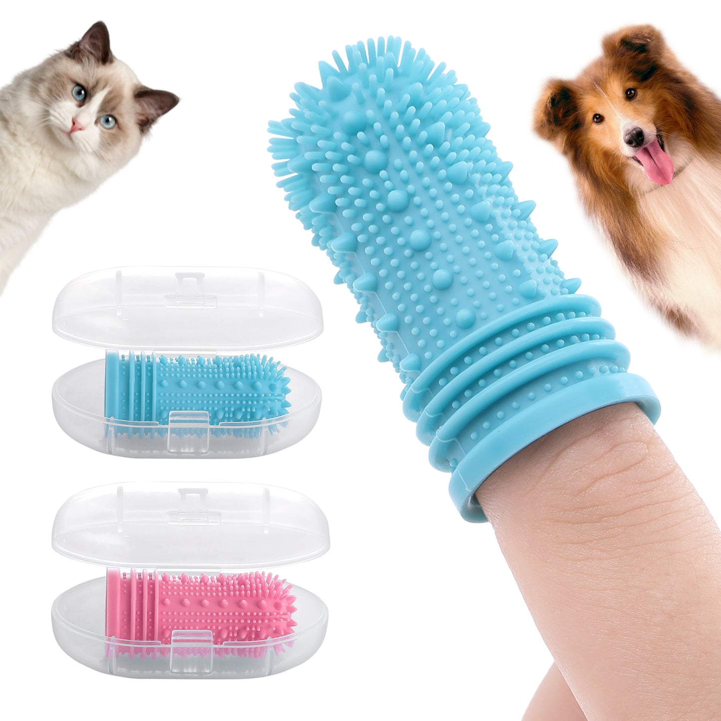 Molain Dog Toothbrush- Enhanced Version 360º Full Surround Silicone Bristles Toothbrushes Easy Teeth Clean for Cat and Dog, Teeth Clean Two-Times More Effective (Blue+Pink, 2Pcs)