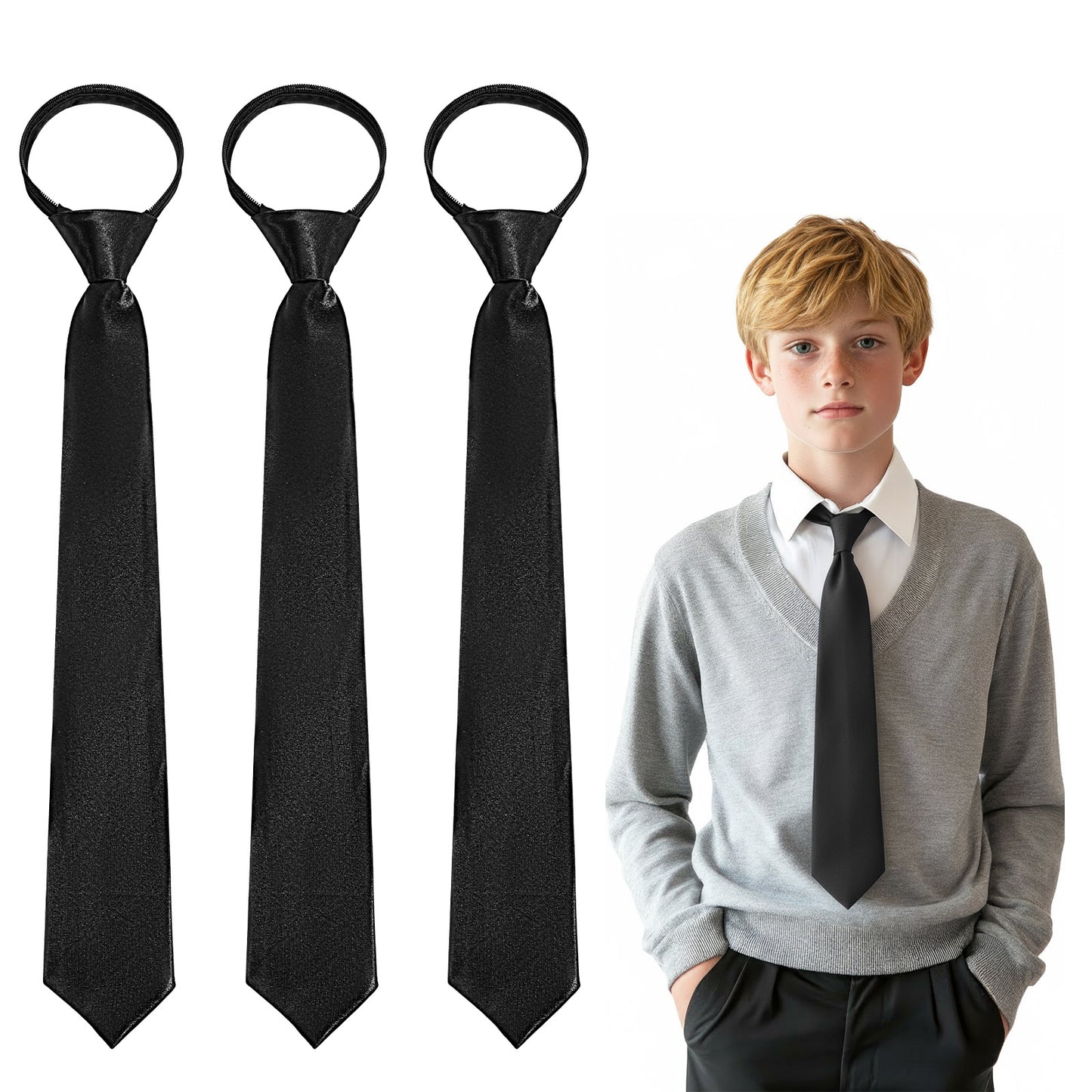 XLIUAX 3pcs Zipper Ties for Boys, Adjustable Pre Tied Neck Strap Ties for School Uniforms Graduation Wedding Party, Black