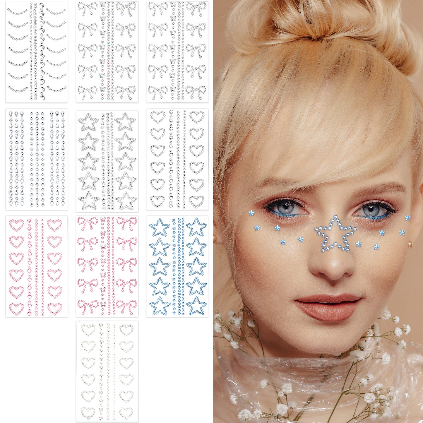XLIUAX 10 Sheets Face Gems Stickers, Self Adhesive 3D Heart Star Moon Bow Jewels Facial Rhinestone Tattoos for Face Hair Makeup Nail Body Crafts Festival Decal Decor