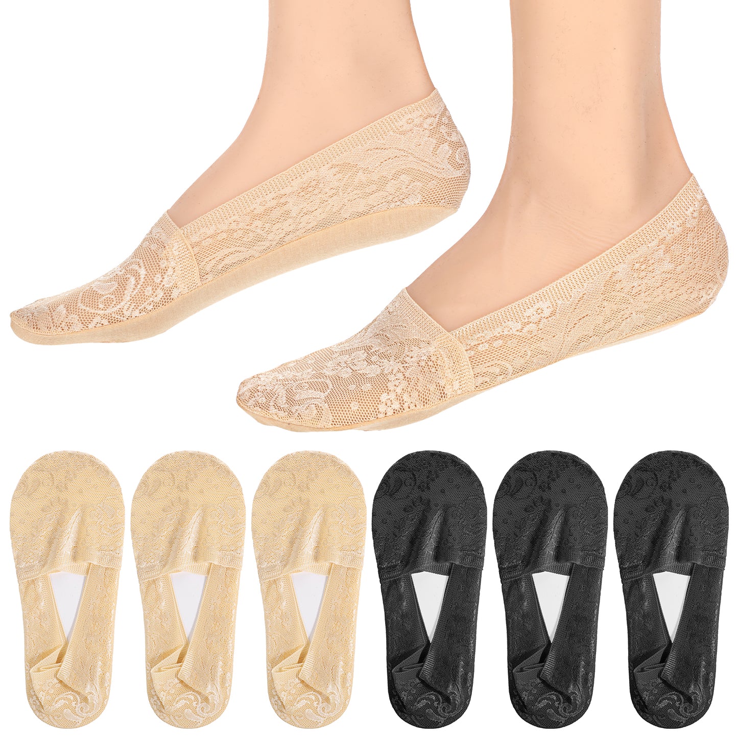 Yuanchu 6 Pairs Women No Show Lace Boat Socks, Cotton Invisible Non-slip Ankle Socks Ultra Low Cut Liner Socks