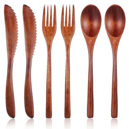 HJZHII 6PCS Wooden Utensils for Eating, Nanmu Wooden Spoons Forks Scraper Reusable Wood Utensil Set Flatware Tableware Cutlery Set for Daily Use Home Travel Camping