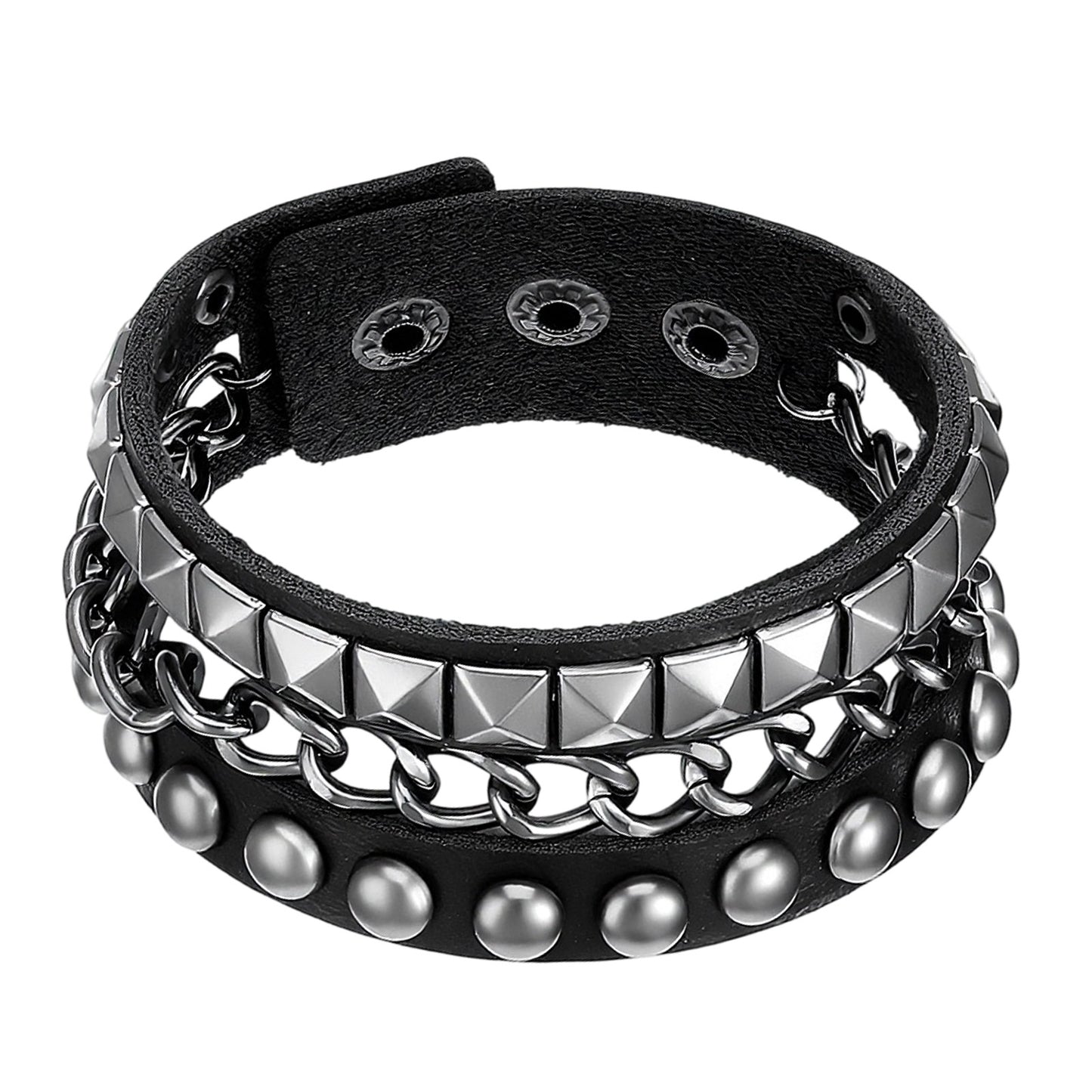 IANFAN Punk Bracelet, 1 Pc Studded Leather Spike Bracelets For Women 8.46 Inch x 1.18 Inch Adjustable Snap Cuff, Punk Rock Emo Bracelet For Men & Women, Black Silver