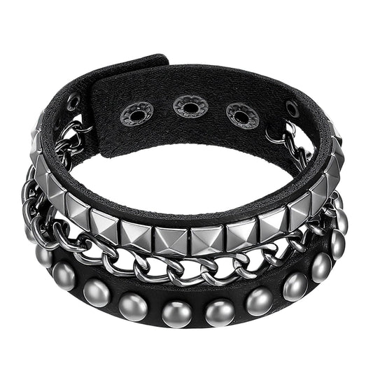 IANFAN Punk Bracelet, 1 Pc Studded Leather Spike Bracelets For Women 8.46 Inch x 1.18 Inch Adjustable Snap Cuff, Punk Rock Emo Bracelet For Men & Women, Black Silver