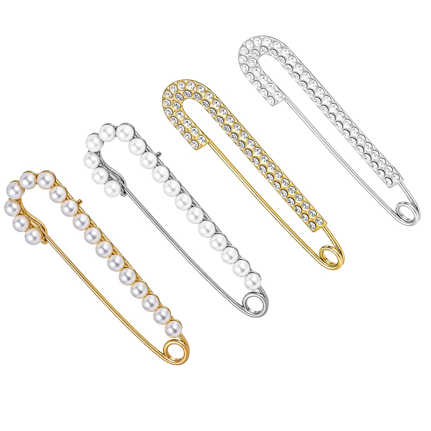 AOZUO Brooche Pins for Women, 4pcs Pearl Sweater Shawl Hat Clips Rhinestones Safety Pins Cardigan Clips Sock Charms Pins for Jeans Sweater Dress Pant Clothing Decoration Accessories