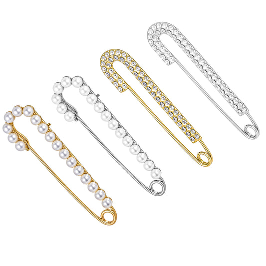 AOZUO Brooche Pins for Women, 4pcs Pearl Sweater Shawl Hat Clips Rhinestones Safety Pins Cardigan Clips Sock Charms Pins for Jeans Sweater Dress Pant Clothing Decoration Accessories
