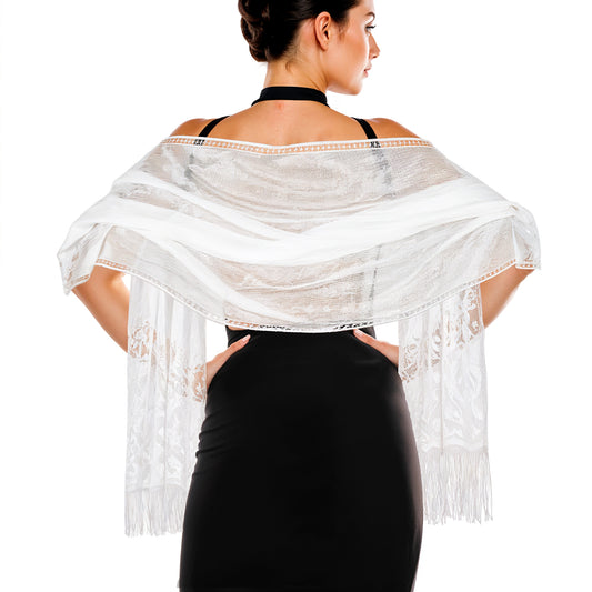 Jeffdad Women's Lace Scarf Shawl wif Tassels for Women's Evening Dress Evening Party Mesh Wedding Shawls (White)