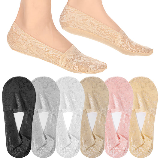 Amaxiu 6 Pairs Women No Show Lace Boat Socks, Cotton Invisible Non-Slip Socks Low Cut Liner Sock with Lace Trim for Flats & Loafers