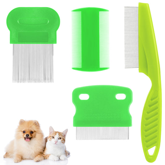 Molain 4 PCS Flea Lice Comb, Stainless Steel Dog Cat Grooming Combs with Rounded Teeth, Double Sided Professional Pet Tear Stain Remover, Dematting Tool for Small Medium Large Pets(Green)