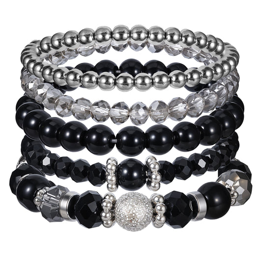 Molain 5 Pcs Beaded Stretch Bracelets for Women, Stackable Bracelets Crystal Bead Bracelet Boho Beaded Bracelets Stretch Layering Beaded Bracelets Gifts for Women (Black)