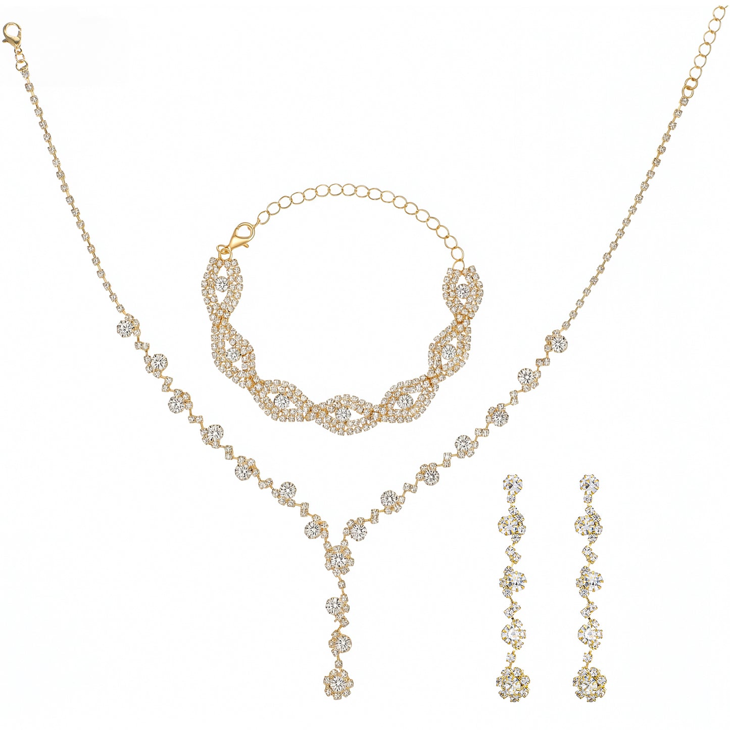 Yuanchu Jewelry Set for Women, Gold Crystal Necklace Earrings Bracelet