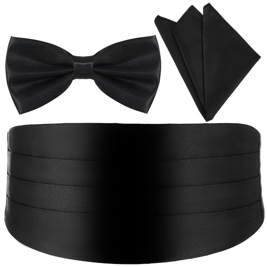 JIYIN Men's Cummerbund Bow Tie Set, Adjustable Black Tuxedo Cummerbund and Bow Tie Pocket Squares for Wedding Party Prom