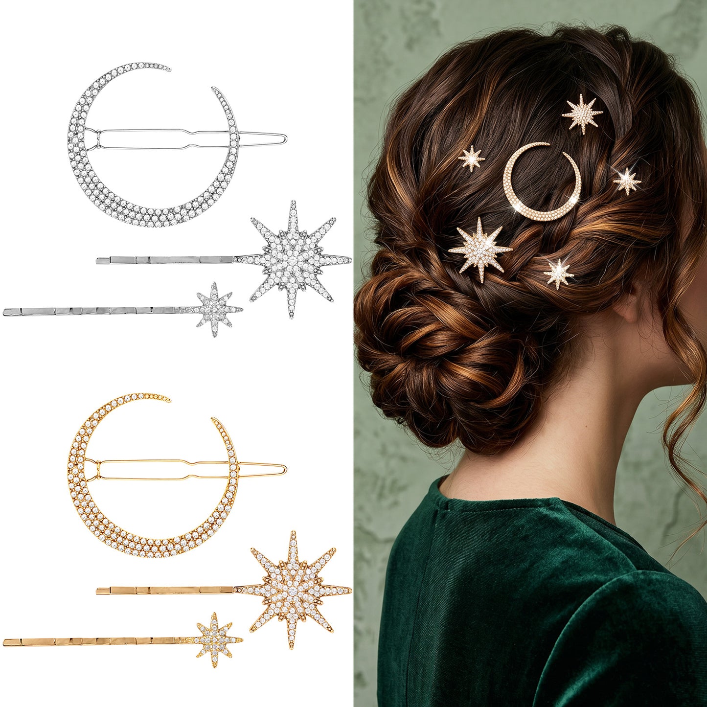Amabro 6Pcs Rhinestone Star Moon Hair Clips, Gold Vintage Hair Accessories