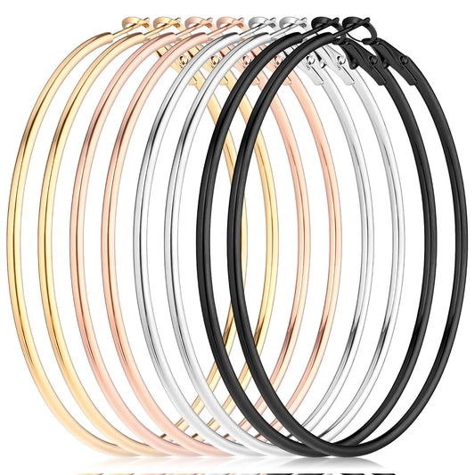 MBAIYO 4 Pair Large Thin Gold Hoop Earrings, Stainless Steel Circle Silver Hoop Cartilage Gold Silver Thin Oversize Earrings for Women