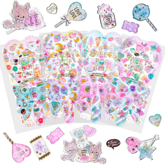 HJZHII 4 Sheets 3D Puffy Stickers, Kawaii Tiny Stickers Sparkly Squishies Cat Bear Rabbit Dessert Fruit Heart Stickers for Phone Case Laptop Gift(Style 2)