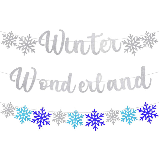 JIEYAO 3Pcs Winter Wonderland Banners, Glittery Snowflake Banner Christmas Snowflake Decorations Banners Winter Holiday Garland Photo Props for Party Home Decorations