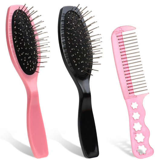 BOHUIZ 3 Pcs Wig Brush Comb Set, Stainless Steel Wire Wig Brushes for Synthetic Hair and Human, Portable Professional Extension Brush for Women Thick Curly Thin Long Synthetic Wigs