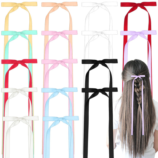 LIQWEI 16Pcs Ribbon Hair Bows, Hair Bows for Women, Satin Bow Hairs Clips Hairs Accessories Set, Long Bow for Girls for Christmas Birthday Daily Wear Photo Shoot Parties