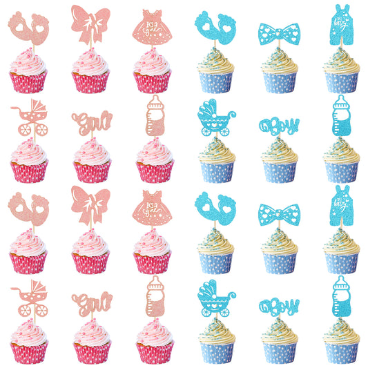 MBAIYO 36 Pcs Gender Reveal Cupcake Toppers, Pink and Blue Baby Shower Decorations with Glitter Paper Pants Dresses Bottles Feet Boy or Girl Gender Reveal Party Decorations Supplies(36)