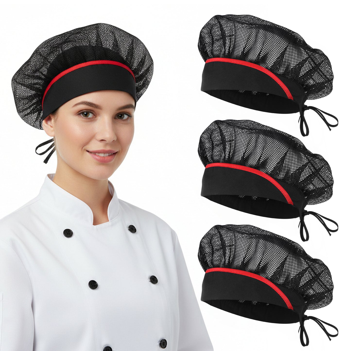 TIESOME 3 Pcs Gorro de Cocina para Mujer, Gorro de Chef para Mujer Black with Red Trim, 20.87in Adjustable Elastic Cotton Chef Hat, Reusable & Washable Hair Cover for Cooking, Food Service
