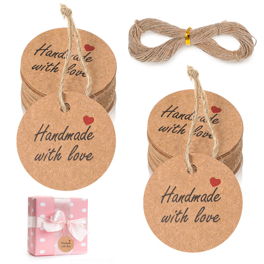 JIYIN 100Pcs Handmade with Love Tags, Kraft Paper Hanging Tags with String 1.2” Round Brown Gift Labels with 66 ft String Personalized Handmade Tags for DIY Crafts Candle Tins Wedding Birthday Favors