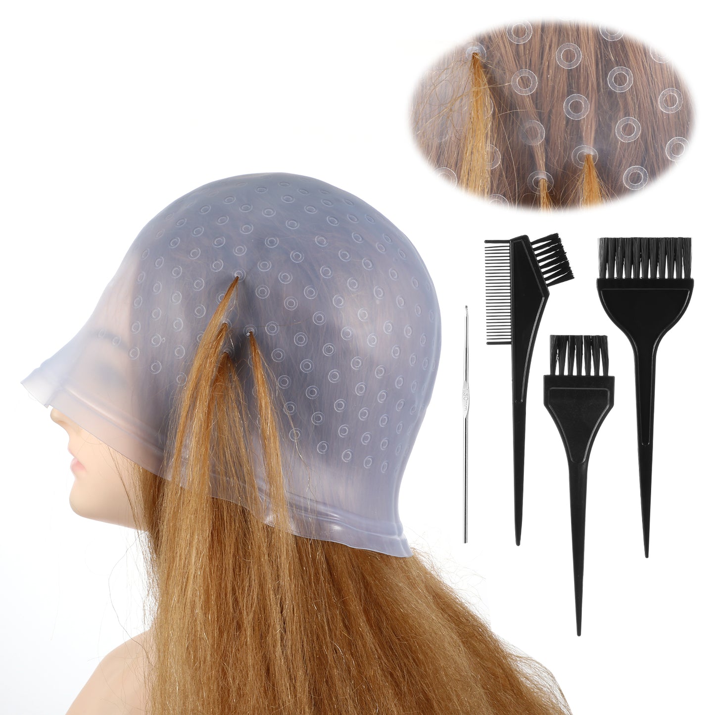 Jeffdad Professional Silicone Highlight Cap, Reusable Hair Coloring Highlighting Cap with 3 Brushes and 1 Needle for Color Hair Salon Hairdressing Women Men(Blue)